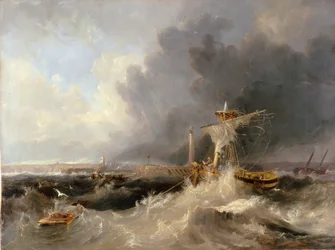 Sunderland alter Pier und Leuchtturm mit Ryhope Kirche in der Ferne, 1840